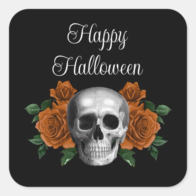 Gothic Floral Skull Halloween Square Sticker (Front)