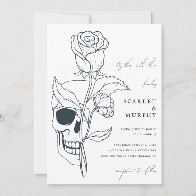 Gothic Floral Skull & Monogram Halloween Wedding   Invitation (Front)