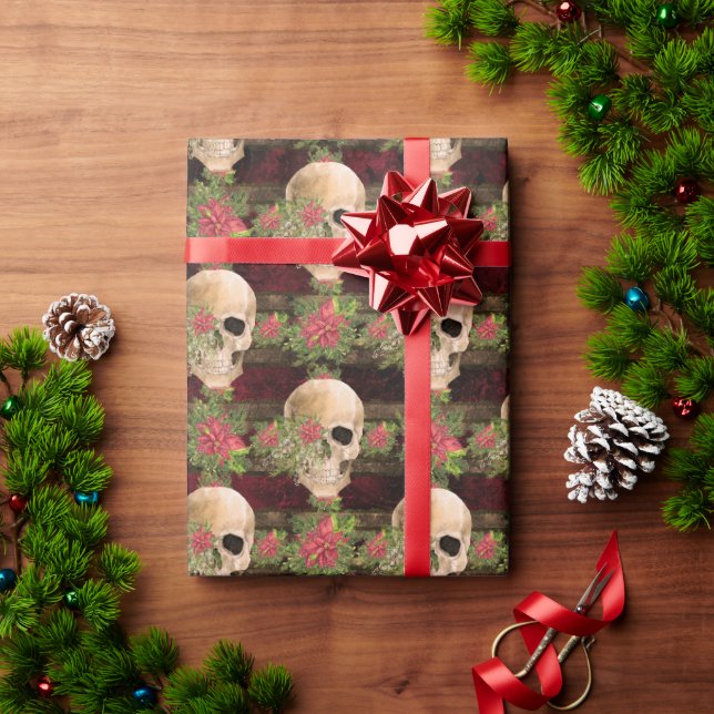 Gothic Floral Skull & Poinsettia Christmas Pattern Wrapping Paper (Holiday Gift)