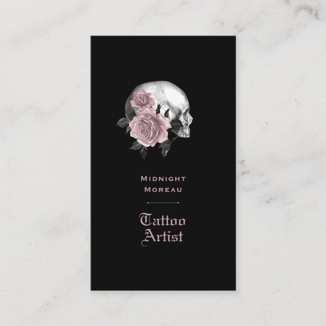 Gothic Floral Skull Tattoo Artist QR Code  Business Card (Front)