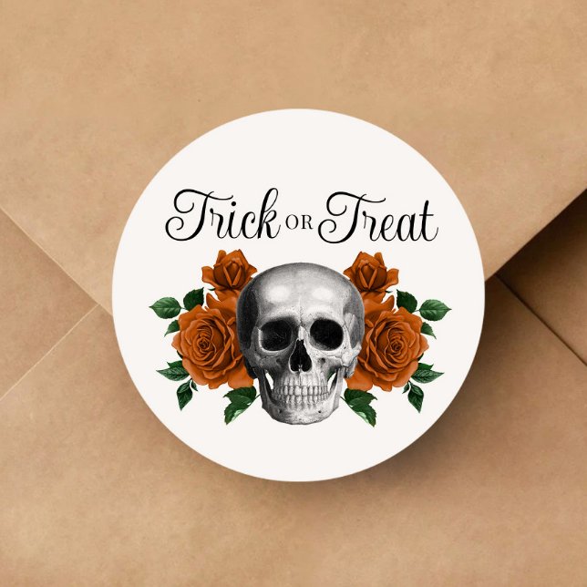 Gothic Floral Skull Trick Or Treat Halloween Classic Round Sticker (Gothic Floral Skull Trick Or Treat Halloween Classic Round Sticker)
