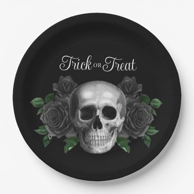 Gothic Floral Skull Trick Or Treat Halloween Paper Plate (Front)