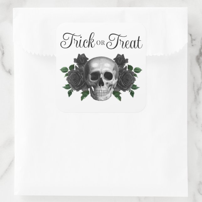 Gothic Floral Skull Trick Or Treat Halloween Square Sticker (Bag)