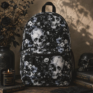 Gothic Floral Skulls Black & White Printed Backpack