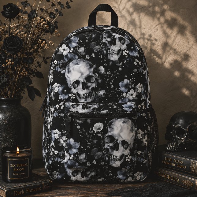 Gothic Floral Skulls Black & White Printed Backpack (Creator Uploaded)