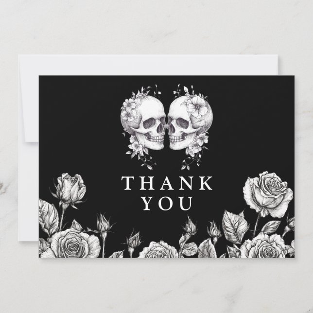 Gothic Floral Skulls Wedding Black And White Thank You Card (Front)