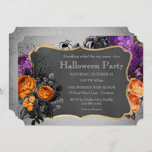 Gothic Floral Spider Halloween Party Invitation (Front/Back)