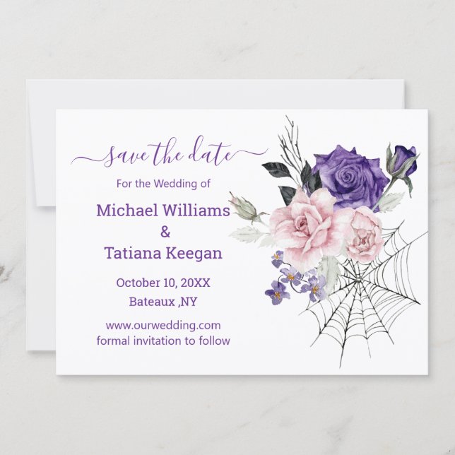 Gothic Floral Spiderweb Halloween Save the Date Card (Front)