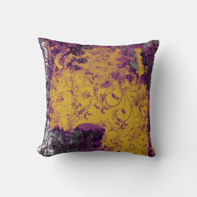 Gothic floral style yellow and purple cushion (Front)