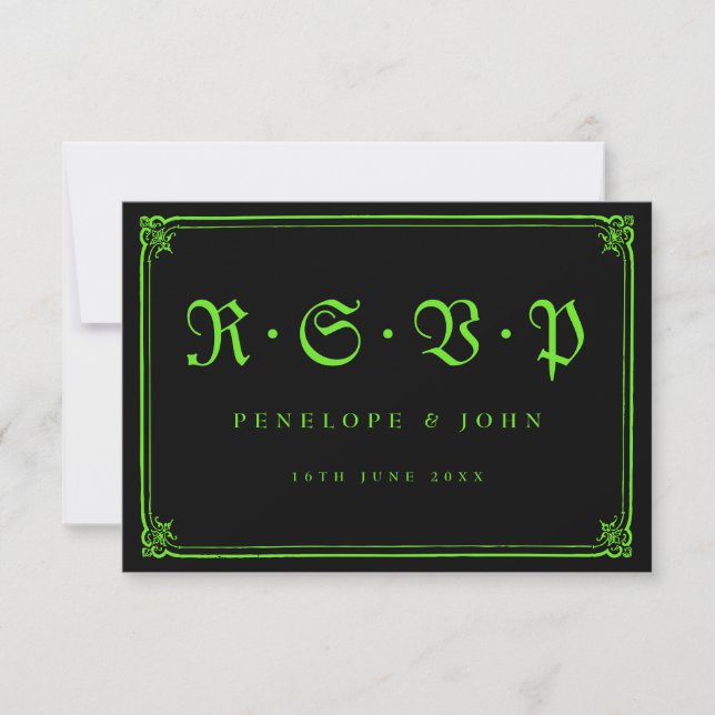 Gothic Frame Green Black Typography Wedding RSVP Card (Front)