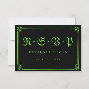Gothic Frame Green Black Typography Wedding RSVP Card