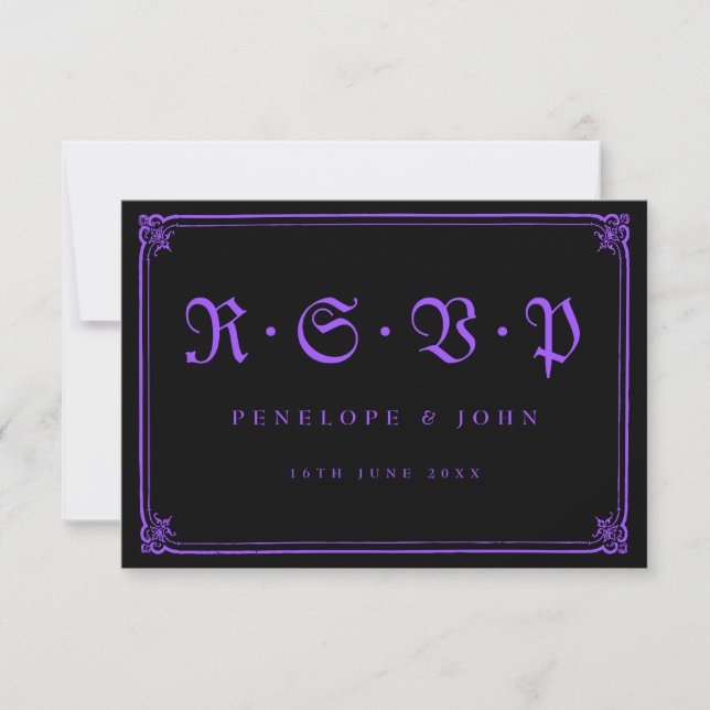 Gothic Frame Purple Black Typography Wedding RSVP Card (Front)