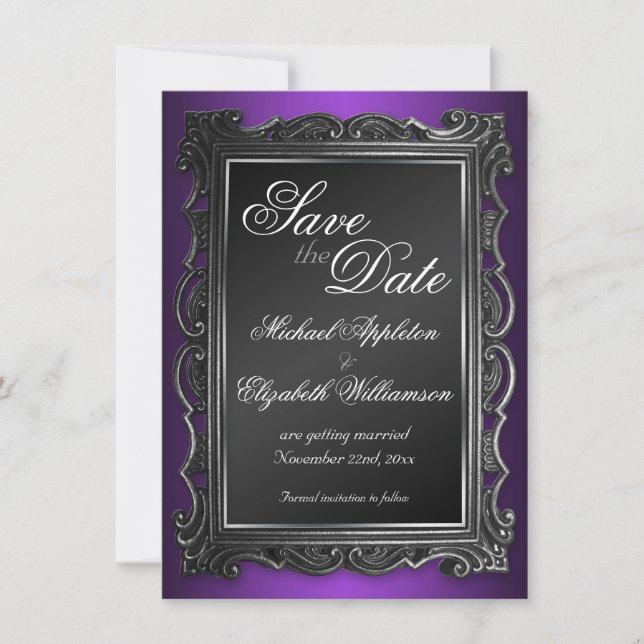 Gothic Frame Purple Save the Date Announcements (Front)