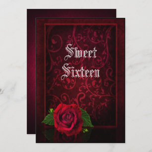 Gothic Framed Damask &  Red Rose Sweet 16 Invitation
