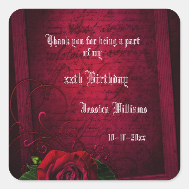 Gothic Framed Letter &  Red Rose Square Sticker (Front)