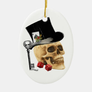 Gothic gambler skull tattoo design ceramic ornament