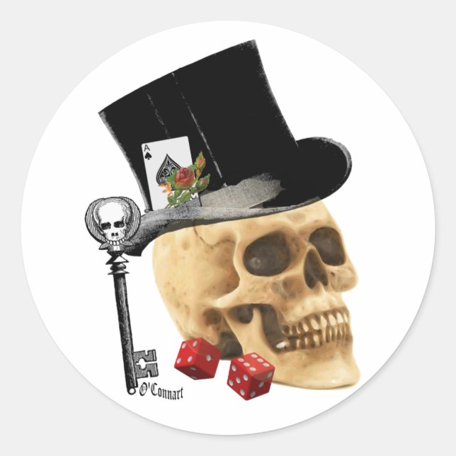 Gothic gambler skull tattoo design classic round sticker (Front)