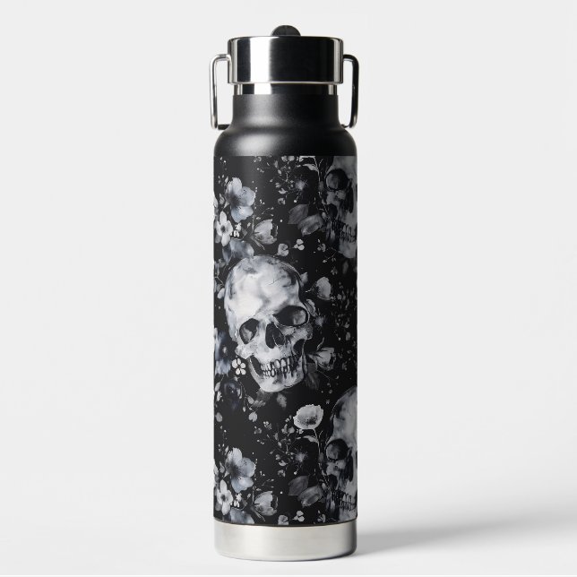 Gothic Garden Skulls and Floral Goth Summer Water Bottle (Front)