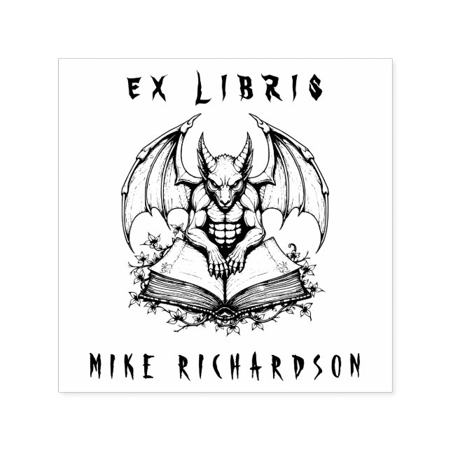 Gothic Gargoyle Guarding Book Horror Ex Libris Self-inking Stamp (Design)
