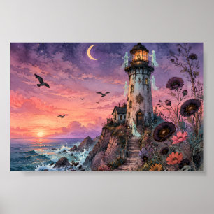 Gothic Ghost Lighthouse Sunset Whimsigoth Fantasy Poster