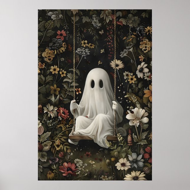 Gothic Ghost On Swing Art Print, Dark Academia Poster (Front)