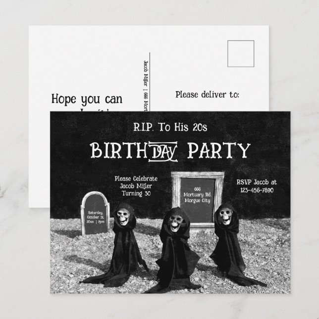 Gothic Ghouls In Cemetery RIP To His 20s Birthday Invitation Postcard (Front/Back)