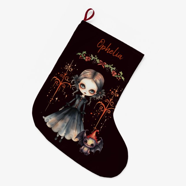 Gothic Girl And Cute Critter Large Christmas Stocking (Front (Hanging))