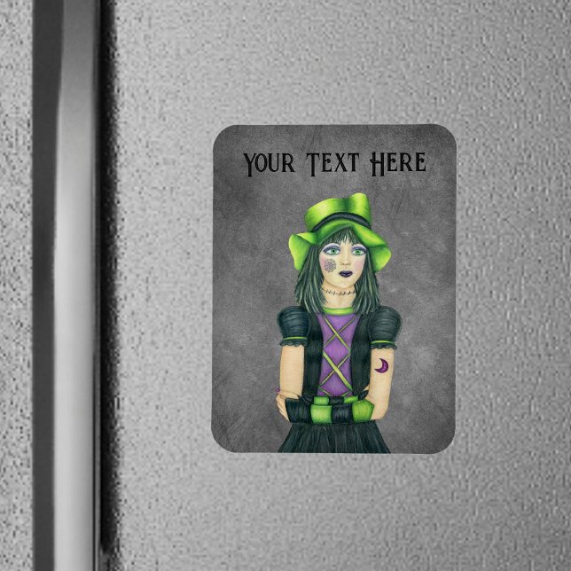 Gothic Girl Green Hat Tattoos Gloves on Grey Magnet (Gothic Girl green hat moon spiderweb tattoos on dark grey flexible magnet.)