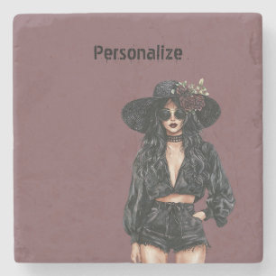 Gothic Girl Hat Shorts Personalized Stone Coaster