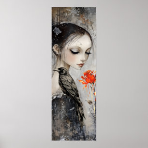 Gothic Girl Raven Red Rose  Poster