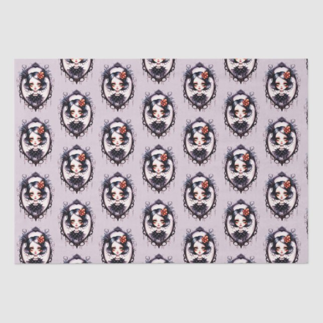 Gothic Girl Victorian Mirror Grey Halloween Tissue Paper (Front)