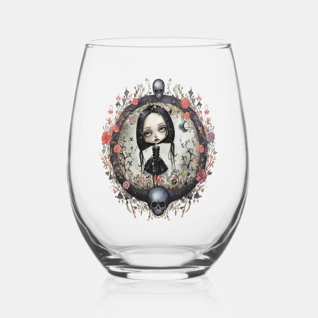 Gothic Girl with Flower Wreath Stemless Wine Glass (Front)