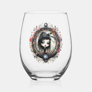Gothic Girl with Flower Wreath Stemless Wine Glass