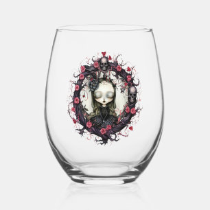 Gothic Girl with Flower Wreath Stemless Wine Glass