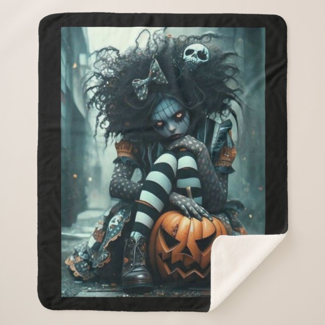 Gothic Girl with Pumpkin and Skull – Dark and Cosy Sherpa Blanket (Front)