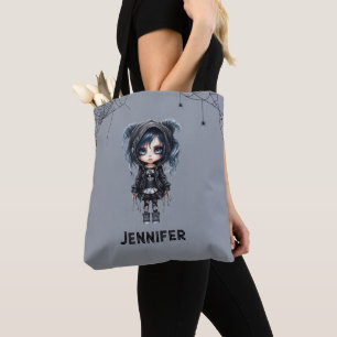 Gothic Girl with Spiderwebs and Spiders Halloween Tote Bag