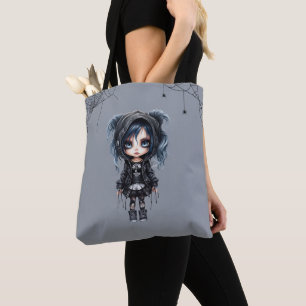 Gothic Girl with Spiderwebs and Spiders Halloween Tote Bag