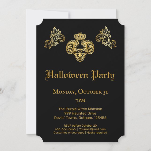  Gothic Glam Black & Gold Skull Halloween Party Invitation (Front)
