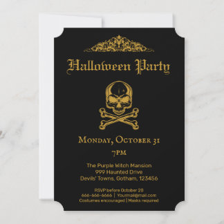 Gothic Glam Black & Gold Vintage Skull Halloween I Invitation