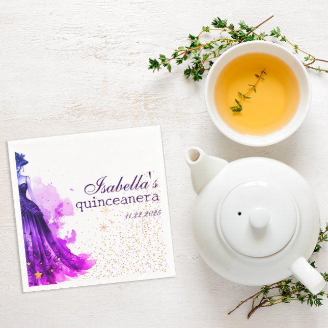 Gothic Glam Quince  purple dress Napkin ( These are napkins intended for a Quinceañera, designed with a Gothic Glam aesthetic.)