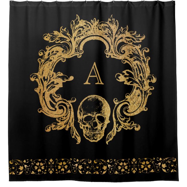 Gothic Glam | Shower Curtain | Gold Skull Monogram (Front)