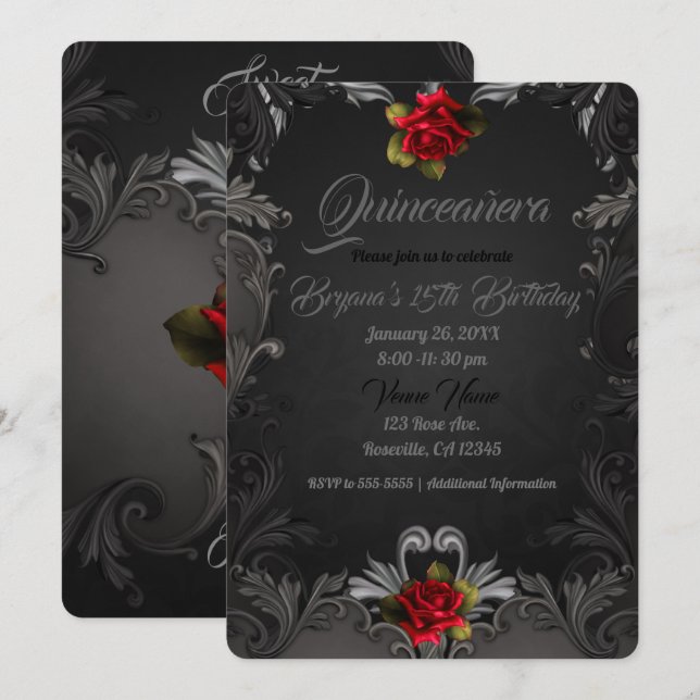 Gothic Glamor Red Rose Ornamental Quinceañera Invitation (Front/Back)