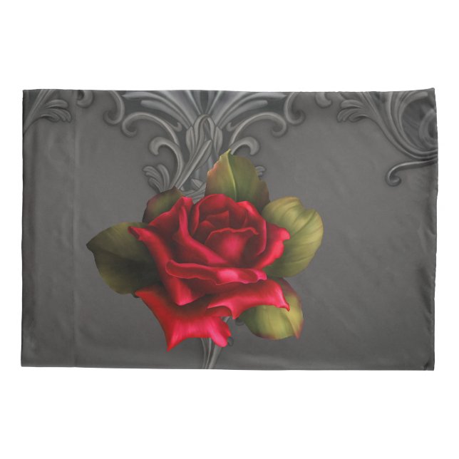 Gothic Glamour Red Rose Black Ornamental Glam Pillowcase (Back)
