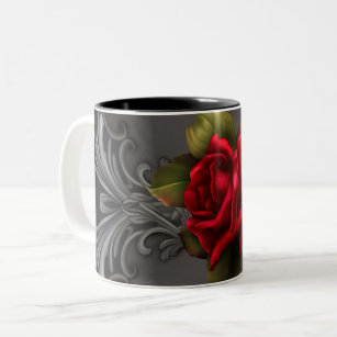 Gothic Glamour Red Rose Black Ornamental Glam Two-Tone Coffee Mug
