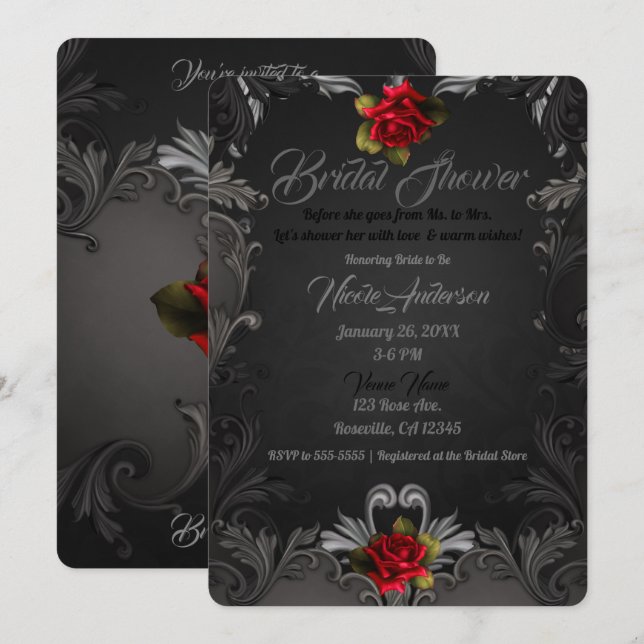 Gothic Glamour Red Rose Ornamental Bridal Shower Invitation (Front/Back)