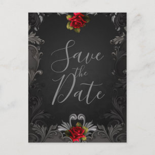 Gothic Glamour Red Rose Ornamental Save the Date Announcement Postcard