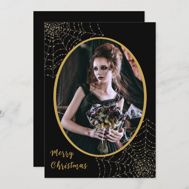 Gothic Glitter Spider Web Merry Christmas 1 Photo  Holiday Card (Front/Back)