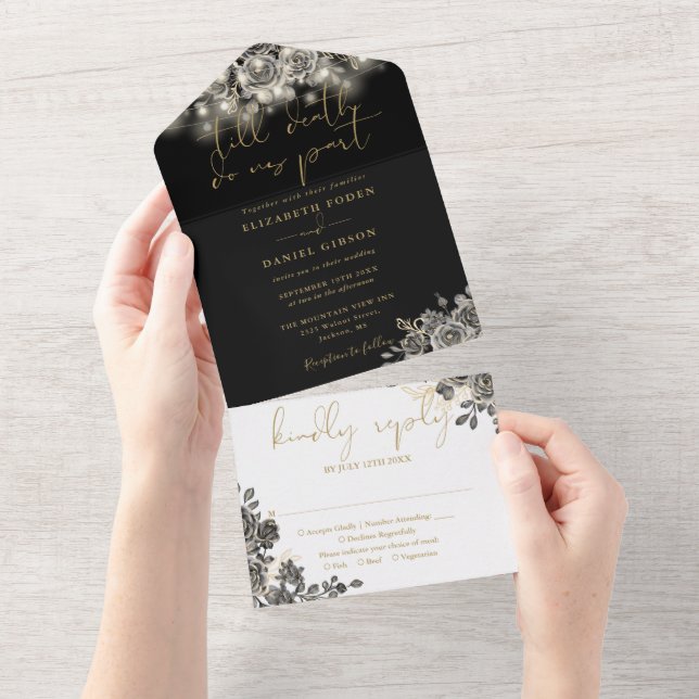 Gothic Gold And Black Floral String Lights Wedding All In One Invitation (Tearaway)
