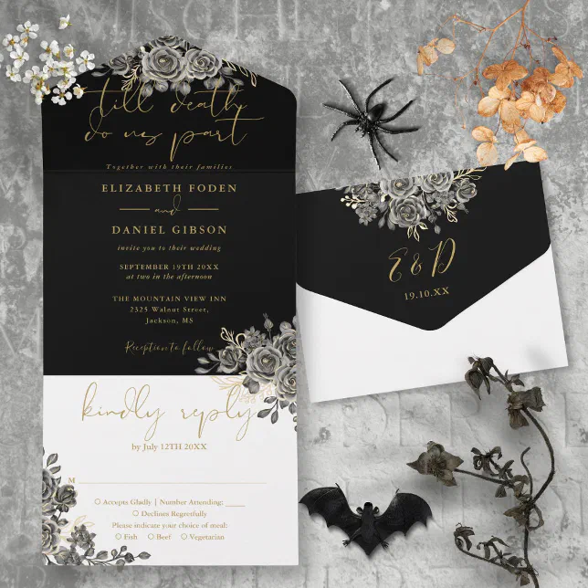 Gothic Gold And Black Roses Floral Wedding All In One Invitation | Zazzle