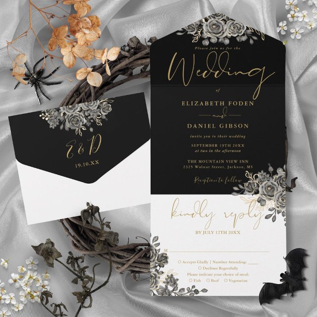 Gothic Gold And Black Roses Floral Wedding All In One Invitation (Gothic Gold And Black Roses Floral Wedding All In One Invitation)